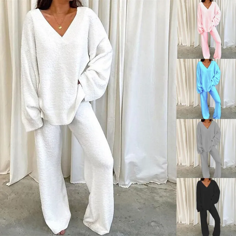 Women Pajamas V Neck Split Tops and Wide Leg Jogging Pants Pullover Top Suits Home Wear