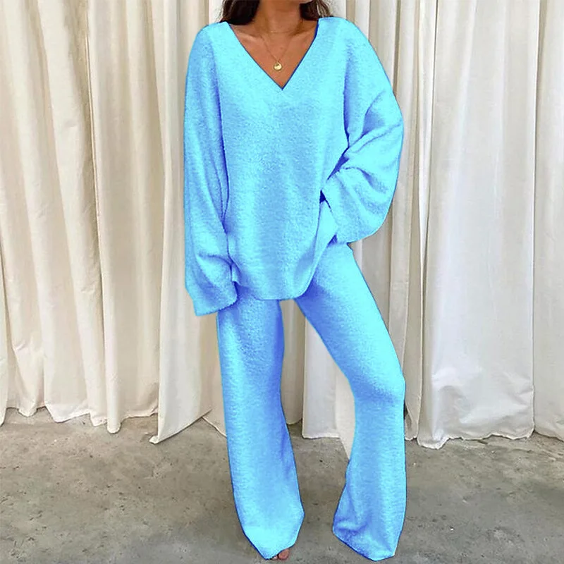 Women Pajamas V Neck Split Tops and Wide Leg Jogging Pants Pullover Top Suits Home Wear