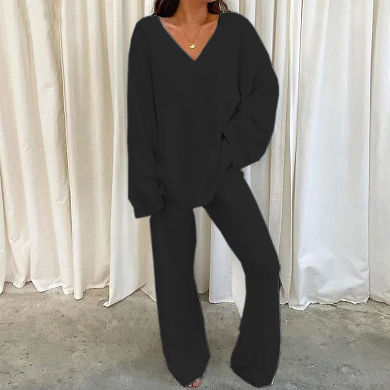 Women Pajamas V Neck Split Tops and Wide Leg Jogging Pants Pullover Top Suits Home Wear