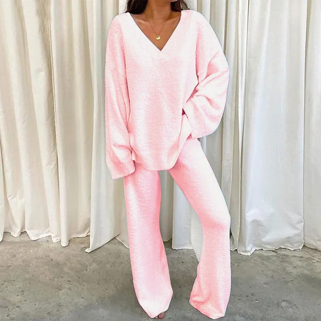 Women Pajamas V Neck Split Tops and Wide Leg Jogging Pants Pullover Top Suits Home Wear