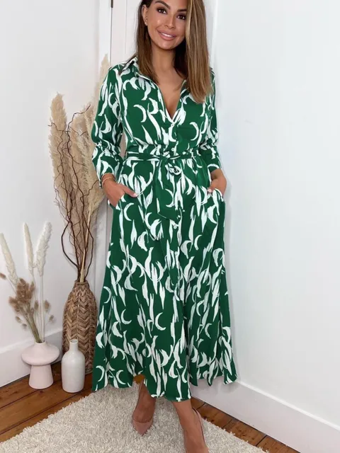 Women Printed Shirt Dresses Fashion Pocket Casual Nine Point Sleeve Slim Elegant Lace Up Long Dresses