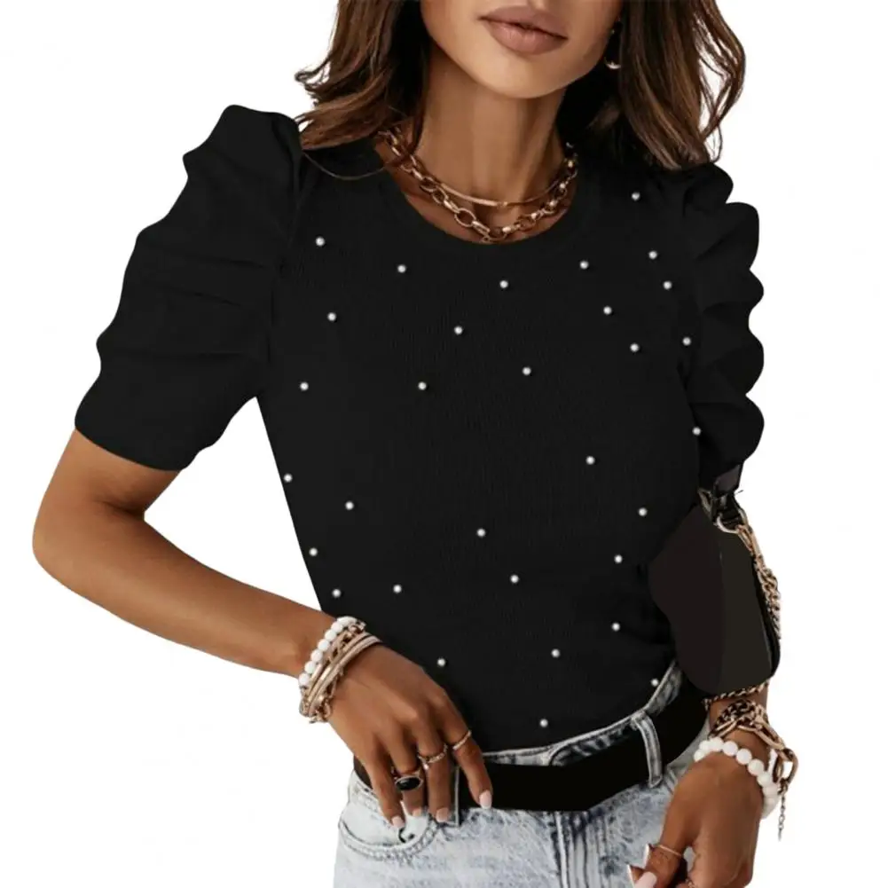 Women Round Neck T-shirt Faux Pearl Solid Color Puff Sleeve Slim Tee Shirt Tops