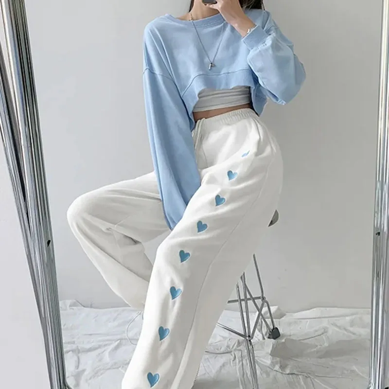 White Drawstring Sweatpants for Women Autumn Heart Embroidery Loose Straight Trousers Female Trend Casual Harem Pants