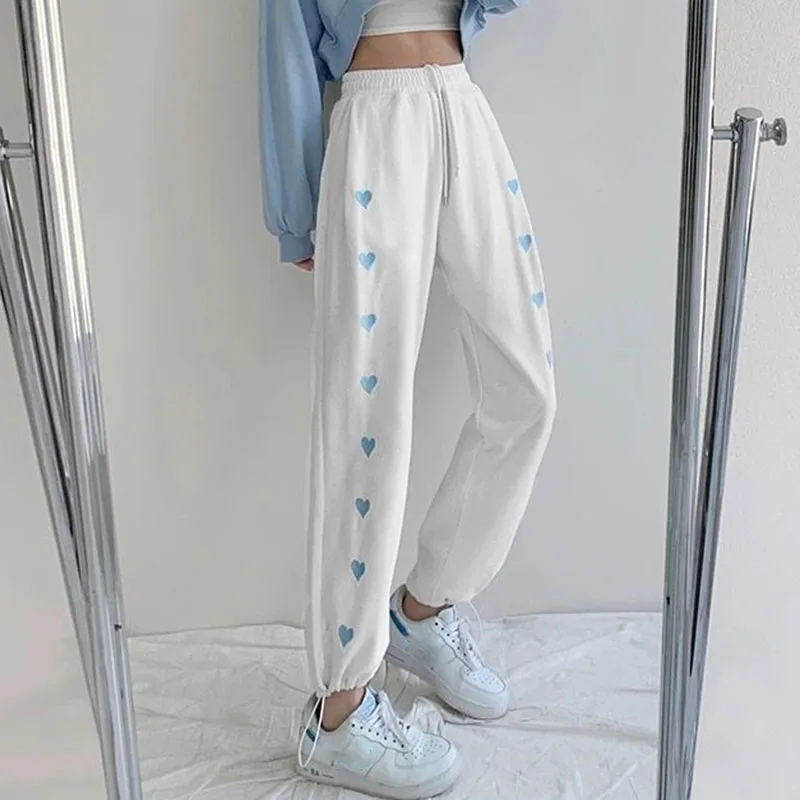 White Drawstring Sweatpants for Women Autumn Heart Embroidery Loose Straight Trousers Female Trend Casual Harem Pants