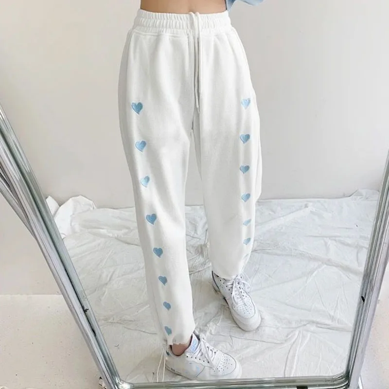 White Drawstring Sweatpants for Women Autumn Heart Embroidery Loose Straight Trousers Female Trend Casual Harem Pants