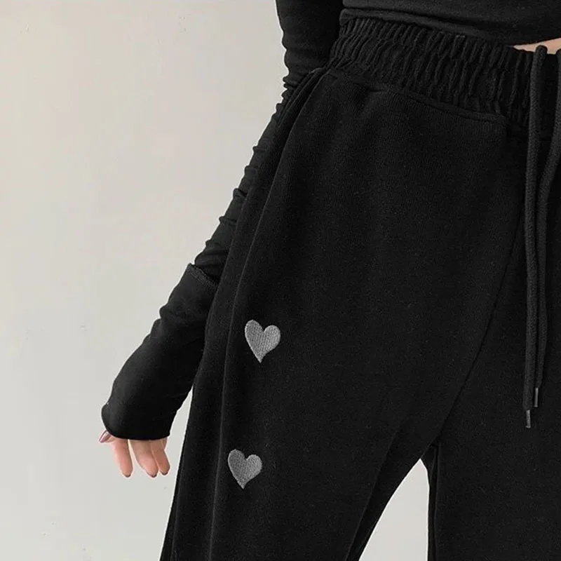 White Drawstring Sweatpants for Women Autumn Heart Embroidery Loose Straight Trousers Female Trend Casual Harem Pants