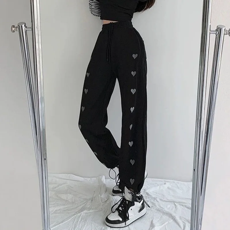 White Drawstring Sweatpants for Women Autumn Heart Embroidery Loose Straight Trousers Female Trend Casual Harem Pants