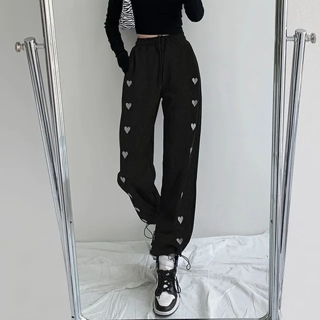 White Drawstring Sweatpants for Women Autumn Heart Embroidery Loose Straight Trousers Female Trend Casual Harem Pants