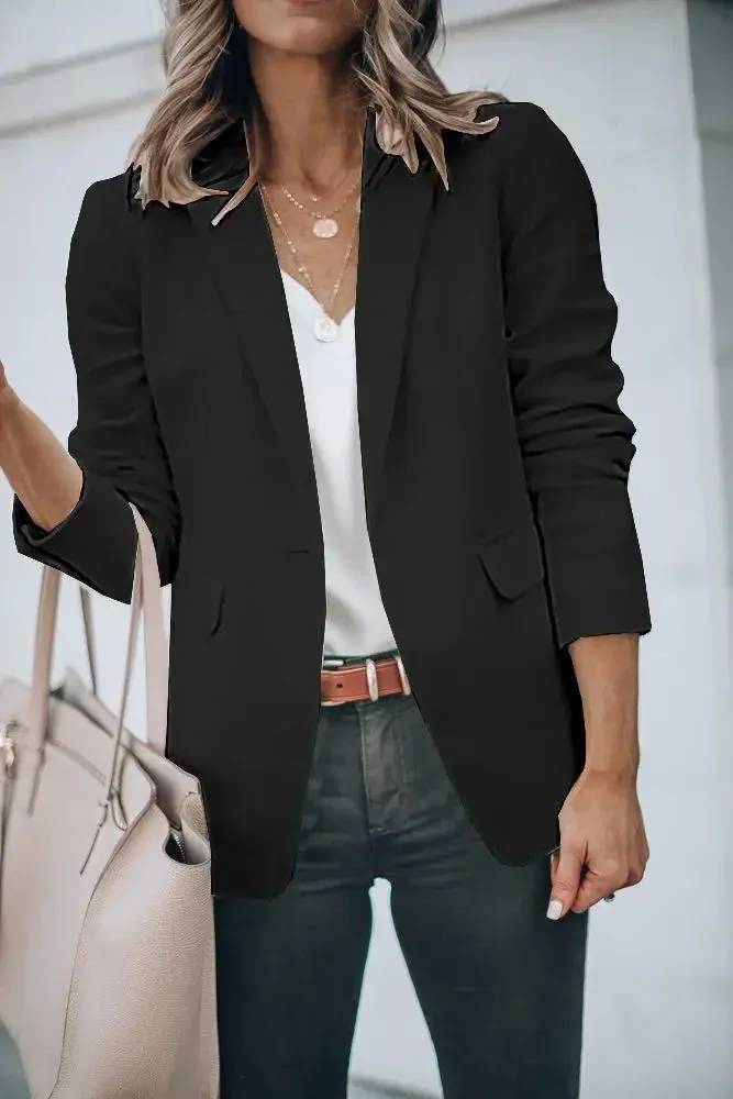 Solid Black Loose Womens Puff Sleeve Blazer Casual Office Open Front Long Sleeve Blazer Jackets with Pockets Work Suit