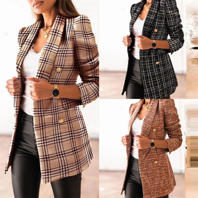 Women Elegant Fashion Blazers Double Breasted Suits Coat Vintage Outerwear Chic Tops