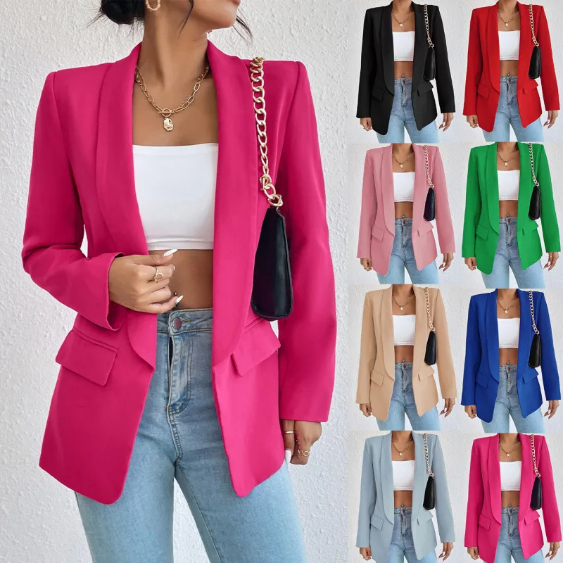 Women's Solid Polyester Cotton Non Strech Long Sleeve Blazers Outerwear