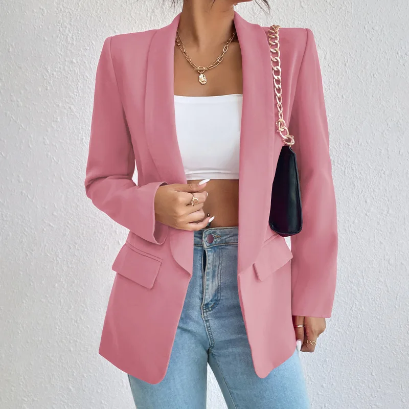 Women's Solid Polyester Cotton Non Strech Long Sleeve Blazers Outerwear