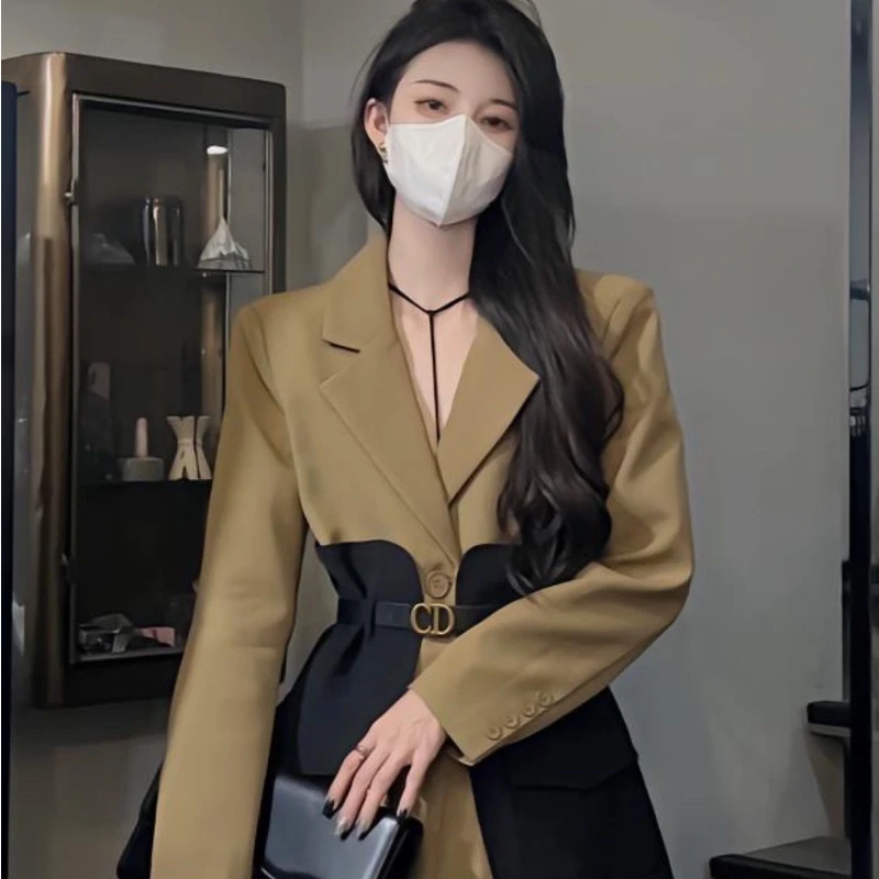 Women Original Design Blazer Fashion New Loose Spliced Pocket Korean Shrug Notched Single Breasted Blazer with Belt