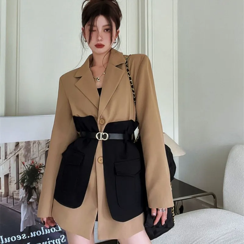 Women Original Design Blazer Fashion New Loose Spliced Pocket Korean Shrug Notched Single Breasted Blazer with Belt