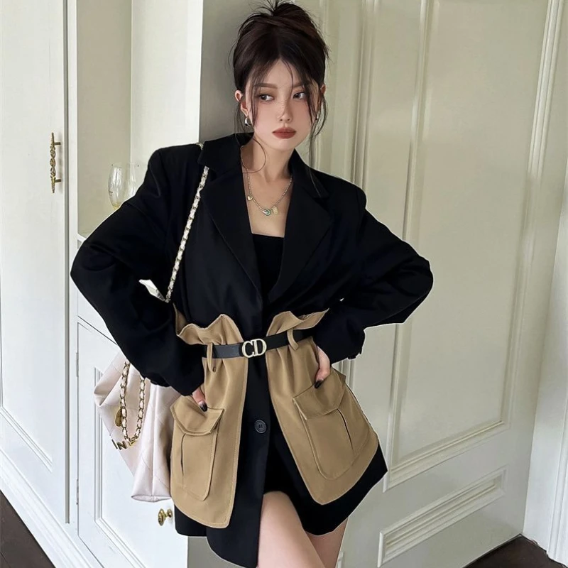 Women Original Design Blazer Fashion New Loose Spliced Pocket Korean Shrug Notched Single Breasted Blazer with Belt