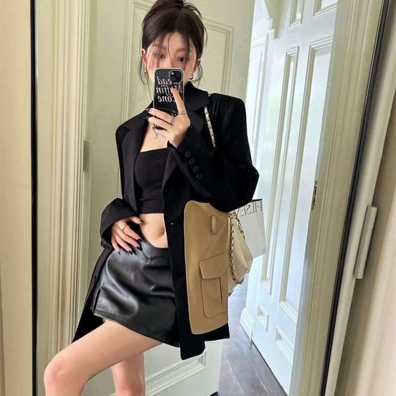 Women Original Design Blazer Fashion New Loose Spliced Pocket Korean Shrug Notched Single Breasted Blazer with Belt