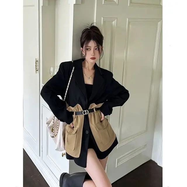 Women Original Design Blazer Fashion New Loose Spliced Pocket Korean Shrug Notched Single Breasted Blazer with Belt