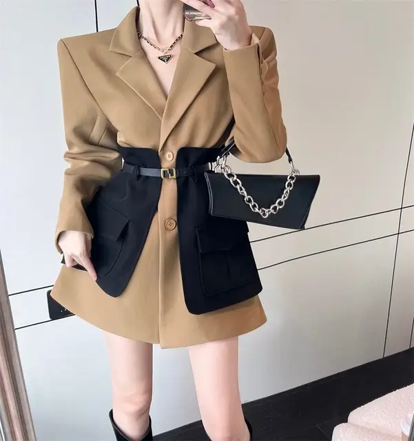 Women Original Design Blazer Fashion New Loose Spliced Pocket Korean Shrug Notched Single Breasted Blazer with Belt