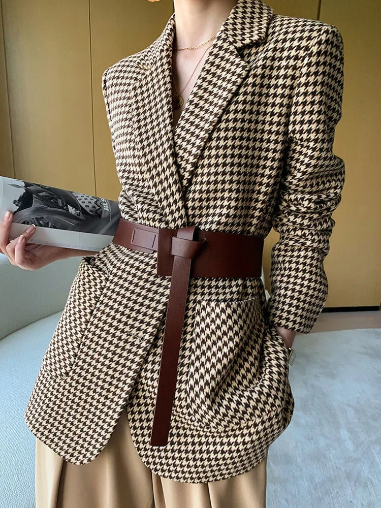 Women Vintage Houndstooth Woolen Blazer Jackets Fashion Elegant Casual Outerwear Coat With Belt Cardigan Clothes