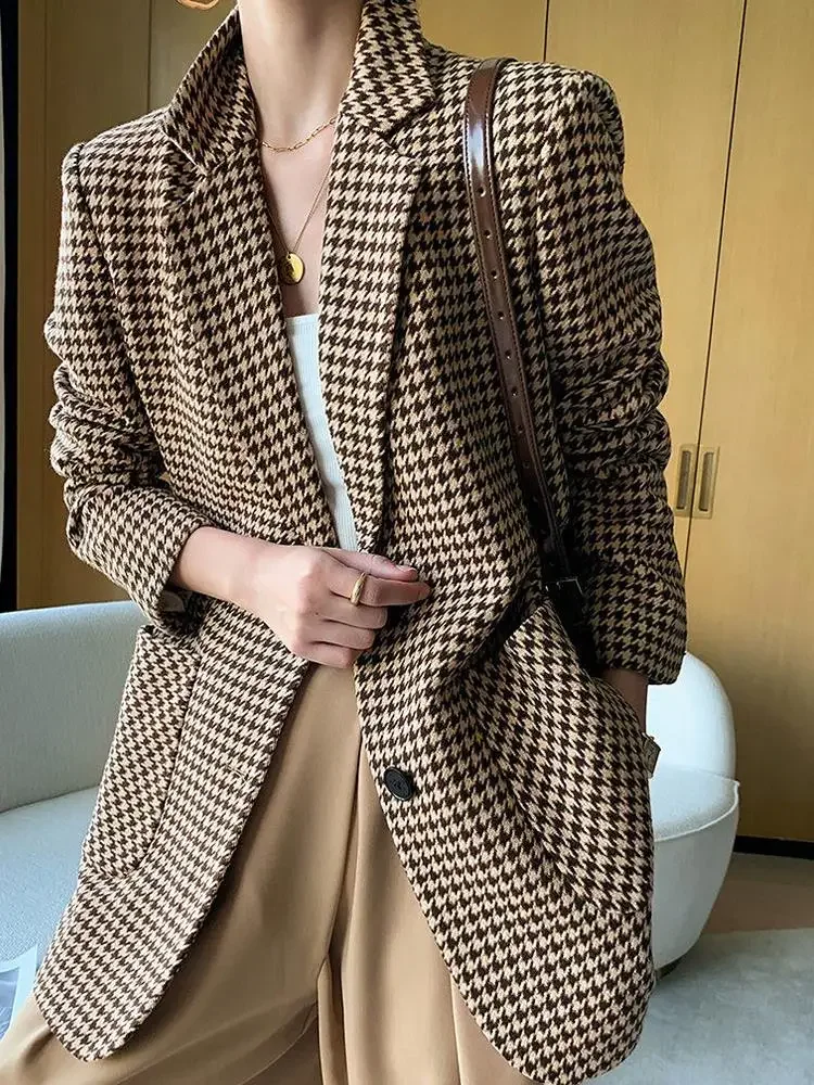 Women Vintage Houndstooth Woolen Blazer Jackets Fashion Elegant Casual Outerwear Coat With Belt Cardigan Clothes