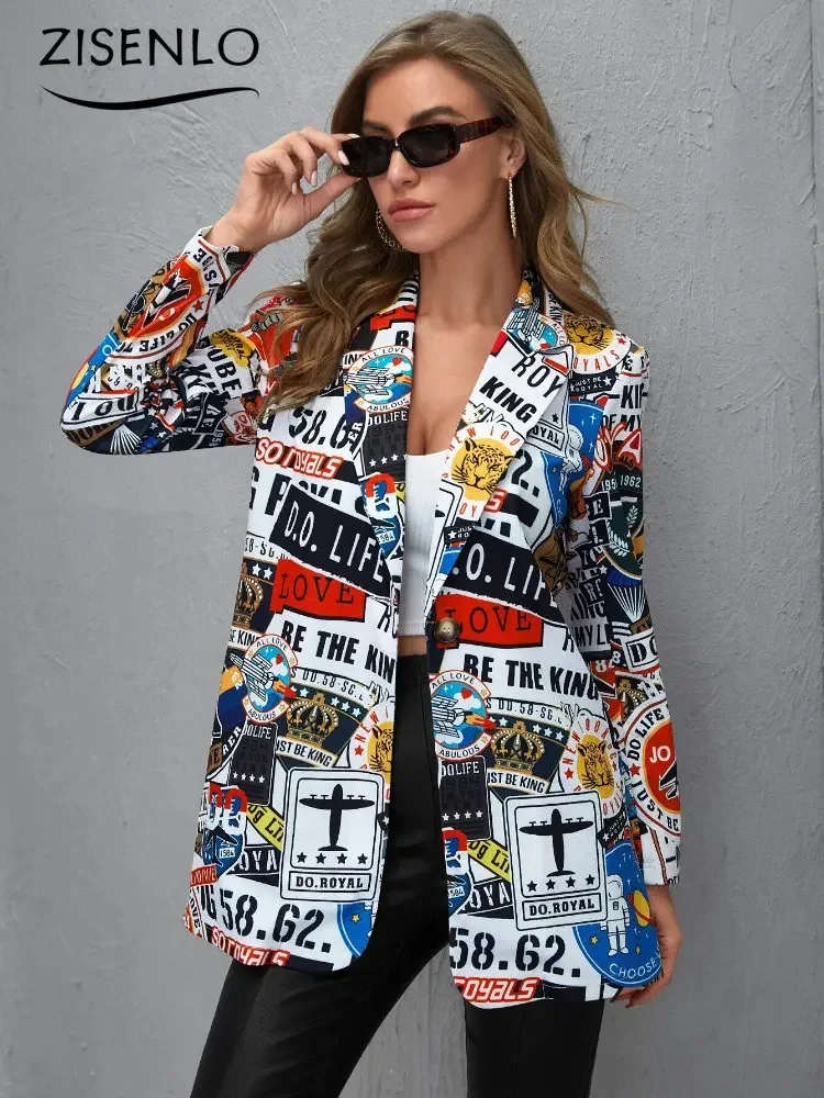 Women Fashion Vintage Irregular Print Casual Clothing High Street Lapel Long Sleeve Elegant and Youth Blazer