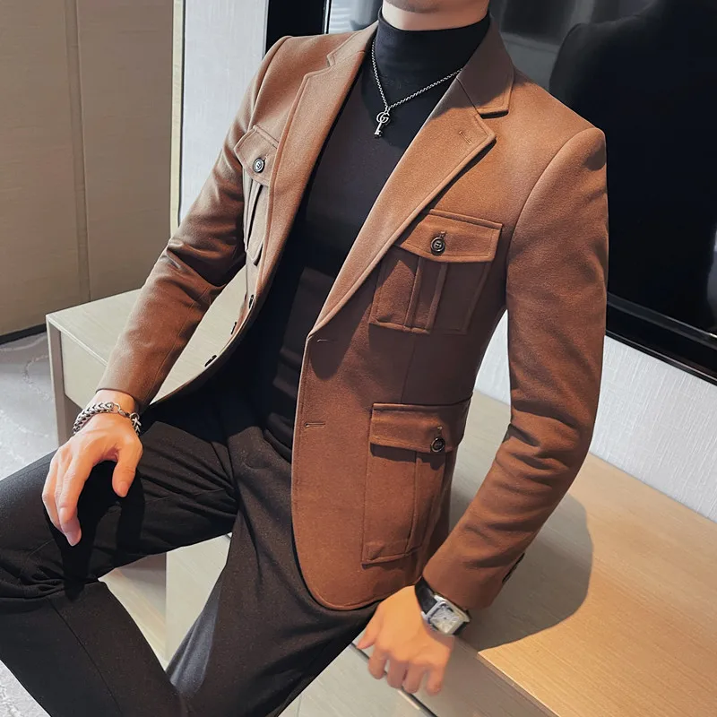 Men High Quality Woolen Cloth Suit Jackets Slim Fit Fashion Tuxedo Coats Solid Color Casual Blazers