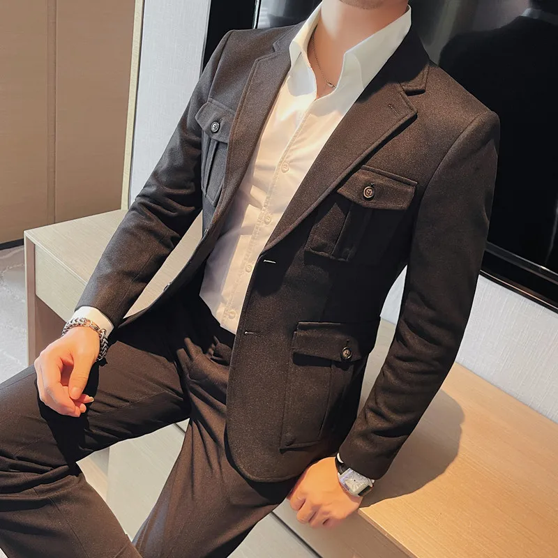 Men High Quality Woolen Cloth Suit Jackets Slim Fit Fashion Tuxedo Coats Solid Color Casual Blazers