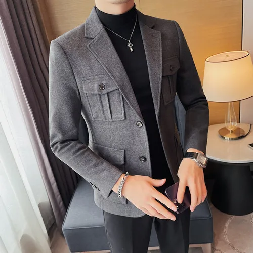 Men High Quality Woolen Cloth Suit Jackets Slim Fit Fashion Tuxedo Coats Solid Color Casual Blazers