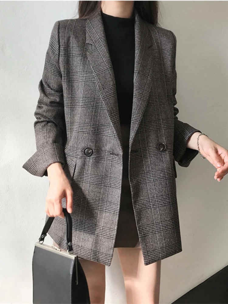 Women Plaid Double Breasted Pockets Formal Jackets Checkered Blazers Outerwear Tops