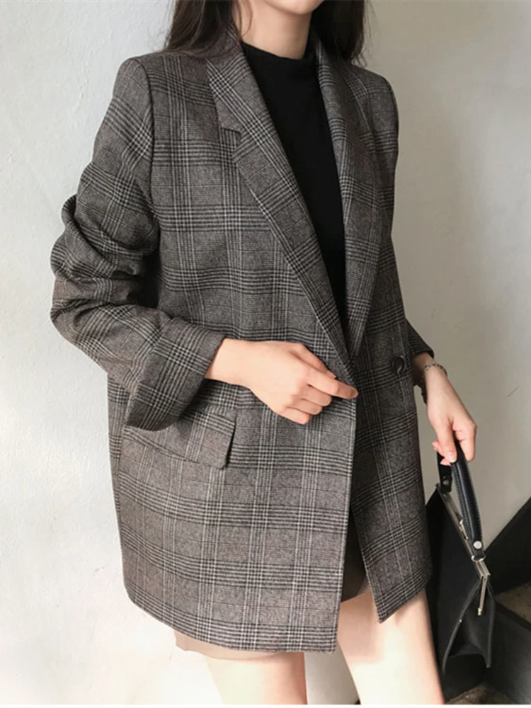 Women Plaid Double Breasted Pockets Formal Jackets Checkered Blazers Outerwear Tops