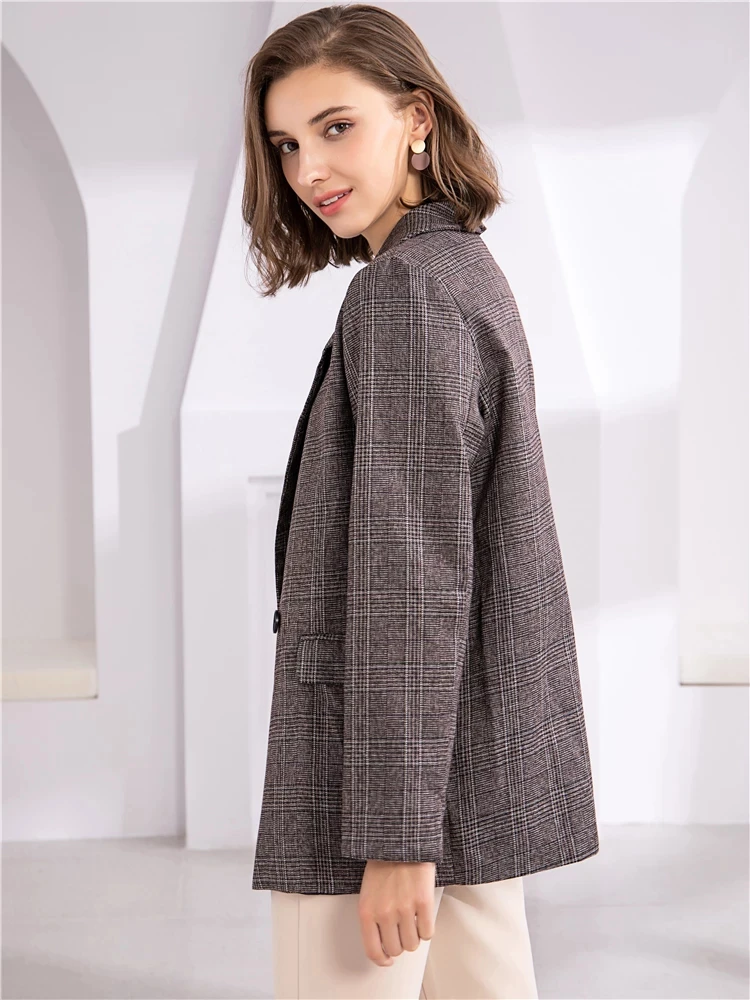 Women Plaid Double Breasted Pockets Formal Jackets Checkered Blazers Outerwear Tops