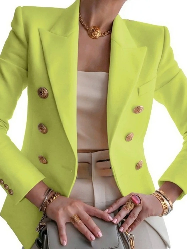 Women Casual Blazer Fashion Lapel Double Breasted Solid Color Outerwear Long Sleeve Chic Jacket Coats