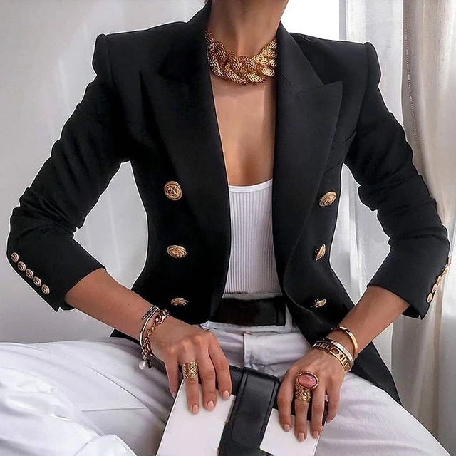 Women Casual Blazer Fashion Lapel Double Breasted Solid Color Outerwear Long Sleeve Chic Jacket Coats