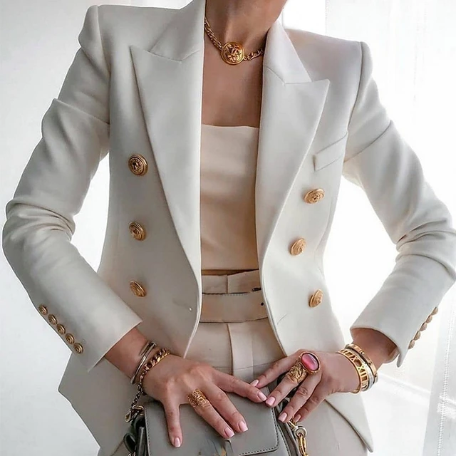 Women Casual Blazer Fashion Lapel Double Breasted Solid Color Outerwear Long Sleeve Chic Jacket Coats