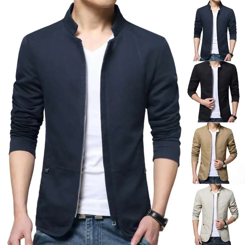 Men Casual Blazer Stylish Business Casual Jacket Solid Color Stand Collar Zipper Pockets Thin Slim Blazer Coat