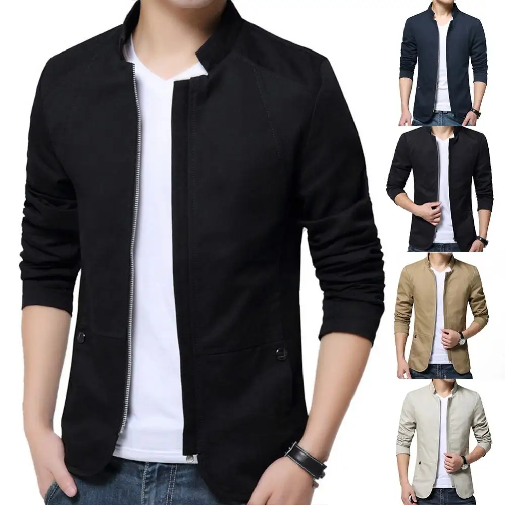 Men Casual Blazer Stylish Business Casual Jacket Solid Color Stand Collar Zipper Pockets Thin Slim Blazer Coat