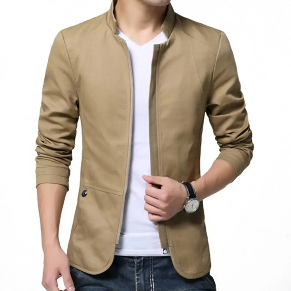 Men Casual Blazer Stylish Business Casual Jacket Solid Color Stand Collar Zipper Pockets Thin Slim Blazer Coat