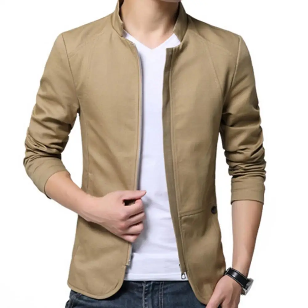 Men Casual Blazer Stylish Business Casual Jacket Solid Color Stand Collar Zipper Pockets Thin Slim Blazer Coat