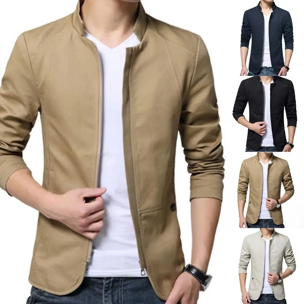 Men Casual Blazer Stylish Business Casual Jacket Solid Color Stand Collar Zipper Pockets Thin Slim Blazer Coat