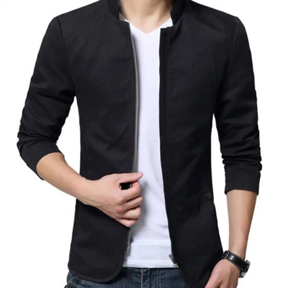 Men Casual Blazer Stylish Business Casual Jacket Solid Color Stand Collar Zipper Pockets Thin Slim Blazer Coat