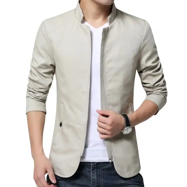 Men Casual Blazer Stylish Business Casual Jacket Solid Color Stand Collar Zipper Pockets Thin Slim Blazer Coat