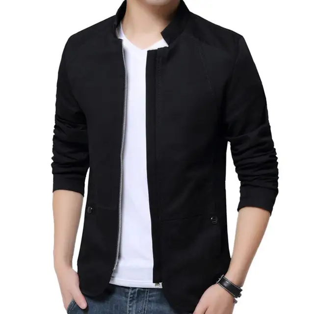 Men Casual Blazer Stylish Business Casual Jacket Solid Color Stand Collar Zipper Pockets Thin Slim Blazer Coat
