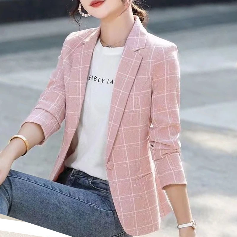 Women's Clothing Button Notched Temperament Simplicity Skinny Casual Plaid Printing Blazers