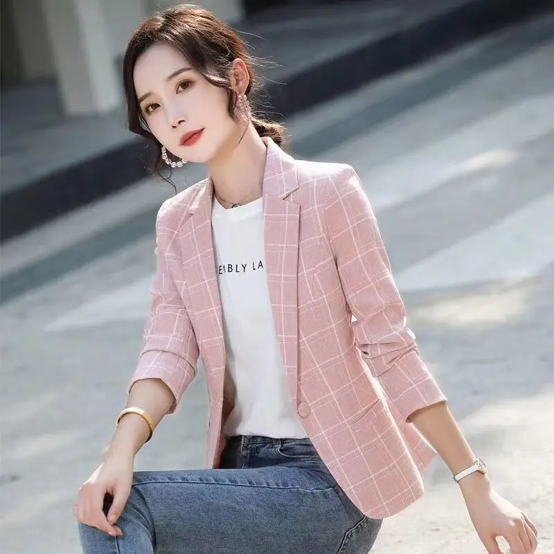 Women's Clothing Button Notched Temperament Simplicity Skinny Casual Plaid Printing Blazers