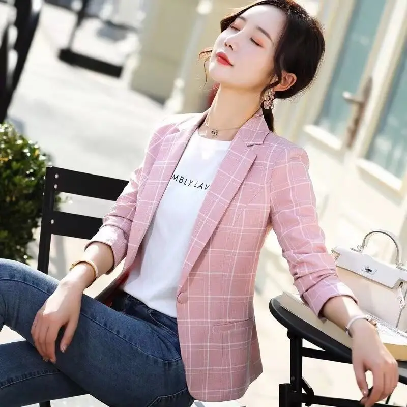 Women's Clothing Button Notched Temperament Simplicity Skinny Casual Plaid Printing Blazers