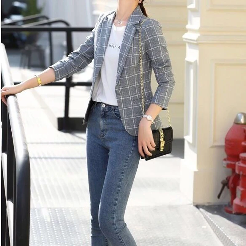 Women's Clothing Button Notched Temperament Simplicity Skinny Casual Plaid Printing Blazers