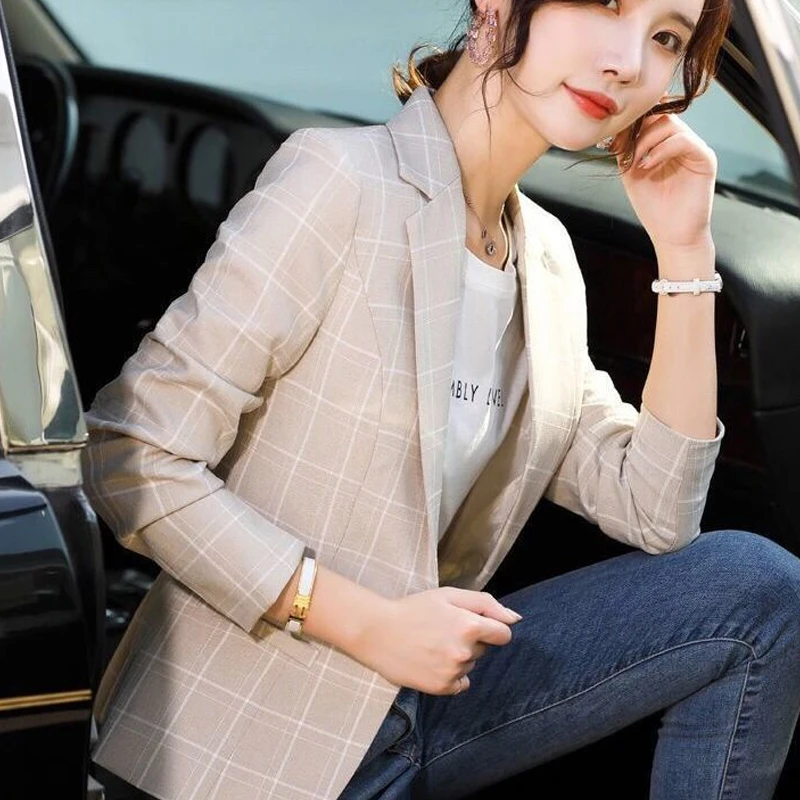 Women's Clothing Button Notched Temperament Simplicity Skinny Casual Plaid Printing Blazers