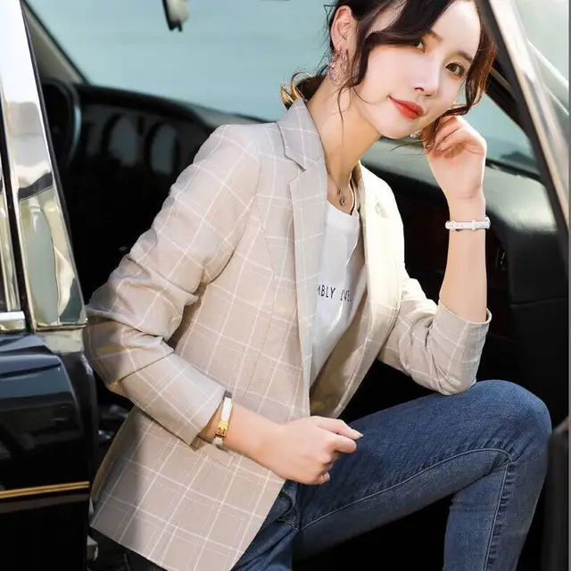 Women's Clothing Button Notched Temperament Simplicity Skinny Casual Plaid Printing Blazers