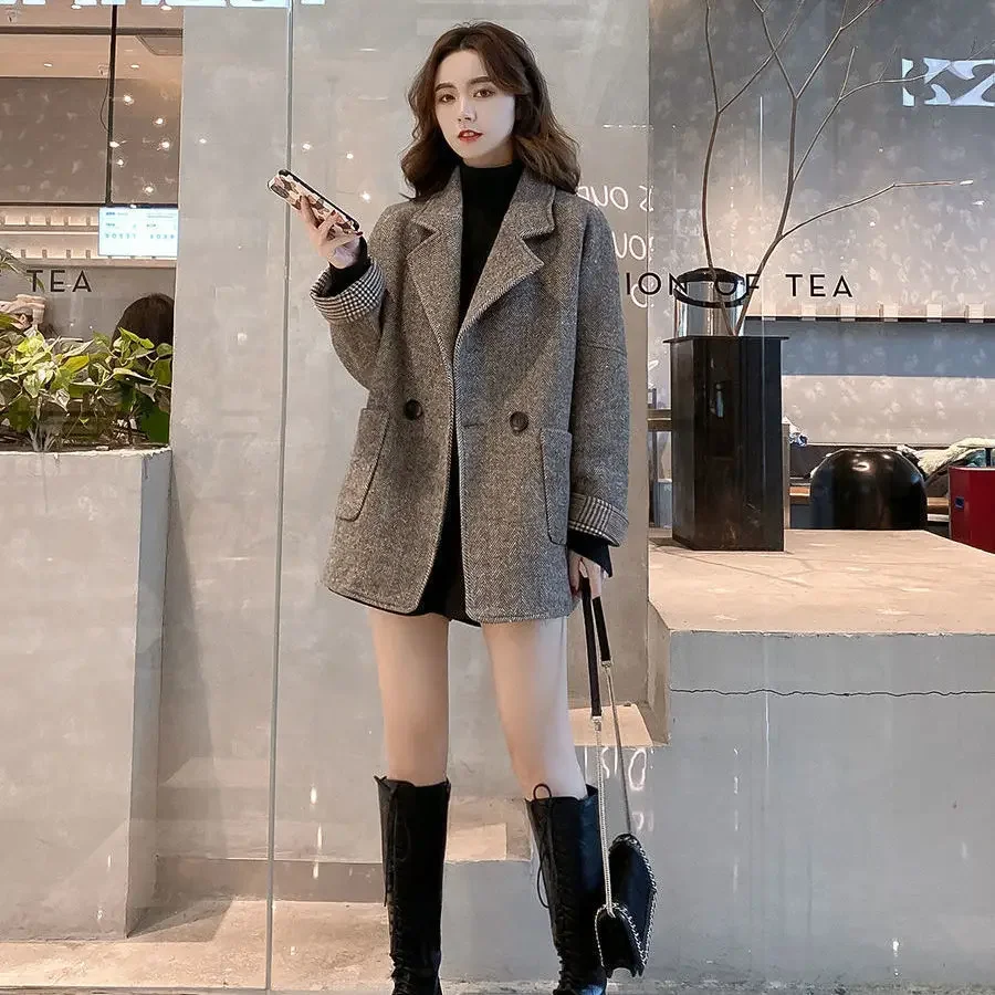 Women Outerwear's Over Tweed Coats Solid Clothes Long Jacket Dress Blazer