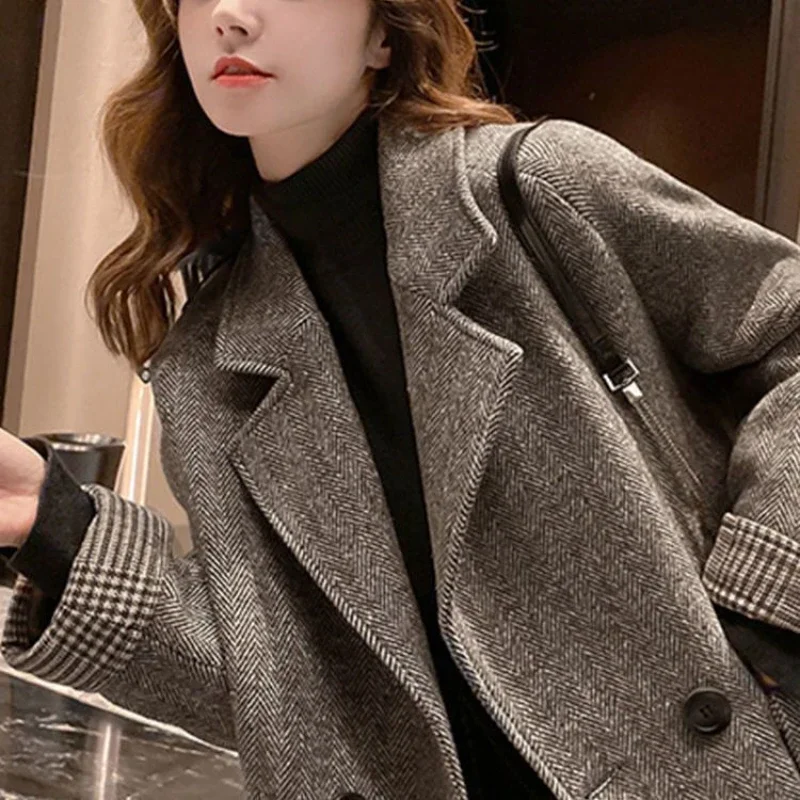 Women Outerwear's Over Tweed Coats Solid Clothes Long Jacket Dress Blazer